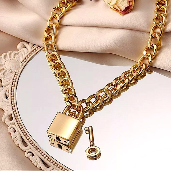 Gold Lock & Key Cuban Chain Link Punk Choker - Picture 7 of 13